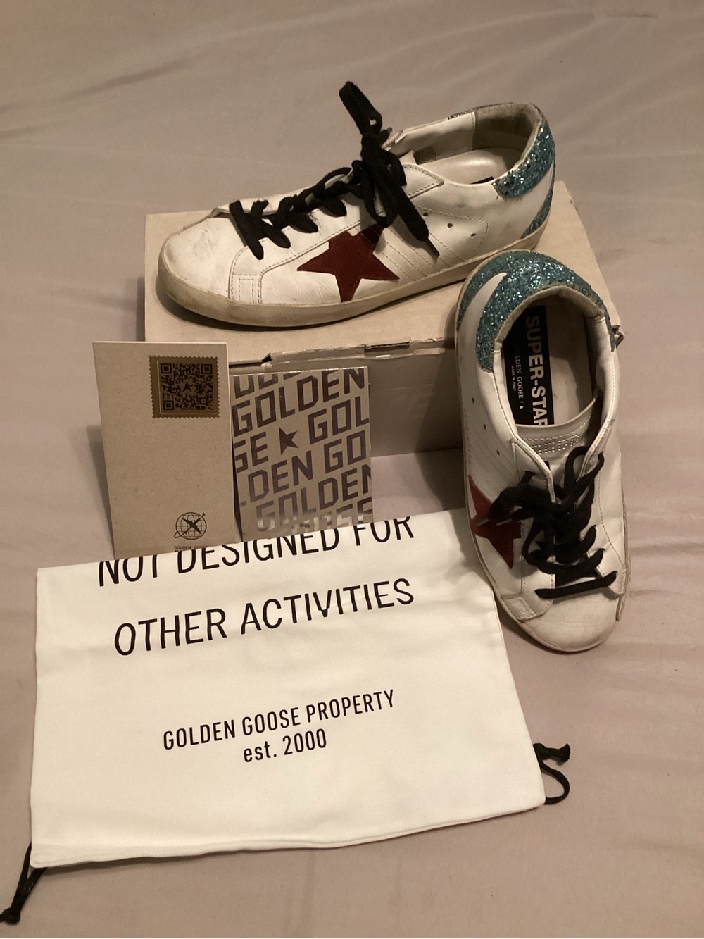 Golden Goose Women’s White Sneakers with Maroon Star & Teal Glitter Heel